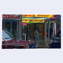 Painting based on a film still from An American Werewolf in London of a man standing outside of shops with bright signage