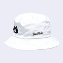 White bucket hat with black logo on a white background