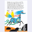 A children's book page featuring a whimsical illustration of two cartoon characters, a blue horse, with a black-and-white patterned body, alongside a long poem printed at the top on a white page.