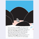 A children's book or storybook page featuring an illustration with a small character sitting amongst a dark mountain landscape under a bright blue sky, with the printed text below.