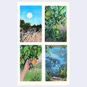 4 thumbnail paintings on a page. 1: A sun glowing over wheat. 2: An apple tree. 3: A hand reaching towards a nectarine on a tree. 4: A dragon fly flying over a pond.