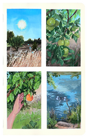 4 thumbnail paintings on a page. 1: A sun glowing over wheat. 2: An apple tree. 3: A hand reaching towards a nectarine on a tree. 4: A dragon fly flying over a pond.