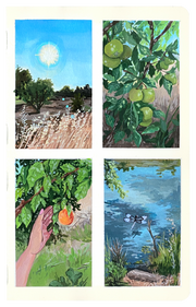 4 thumbnail paintings on a page. 1: A sun glowing over wheat. 2: An apple tree. 3: A hand reaching towards a nectarine on a tree. 4: A dragon fly flying over a pond.