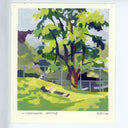 Painting of a tree in a grassy landscape, rendered in an impressionistic style with green, yellow, blue, and brown tones. 