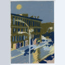 An impressionist-style painting of a city street at night under a bright full moon, featuring a large building on the left, a streetlamp in the foreground, and dark cars on the road. The artwork is shown centered on a light gray background.