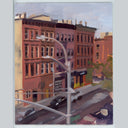 An oil painting of an urban street scene featuring multi-story brick buildings, streetlights, and cars, presented on a light gray background.