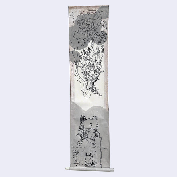 Tall and thin paper scroll with illustration of a dragon, flying down from above. Speech bubble comes out and says "Animals and the World". An androgynous person is at the bottom of the scroll, wearing a helmet with wires coming off of it.