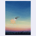 Painting of a person falling from the sky, with their head a yellow star burst shape. The sky is a dreamy blue to pink sunset over a city, with many lit up buildings and silhouetted mountains and trees. 