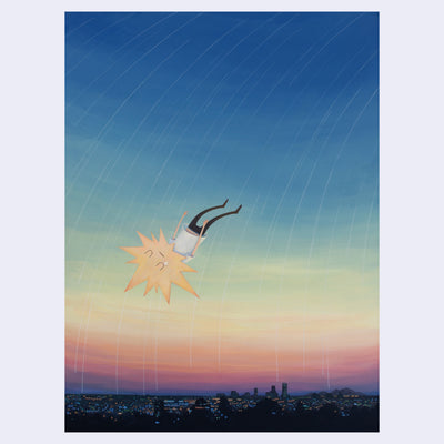 Painting of a person falling from the sky, with their head a yellow star burst shape. The sky is a dreamy blue to pink sunset over a city, with many lit up buildings and silhouetted mountains and trees. 