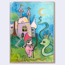 A whimsical watercolor-style fantasy scene: a small child in pink clothing with a red hat stands in a green landscape beside a large green dragon-like creature, with a purple castle, blue sky, and yellow crescent moon in the background.