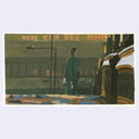 Painting of a film still from 28 Days Later of a man walking in a street at sundown, carrying a bag.