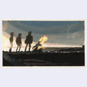 Painting of a film still from Blade of 3 characters standing at a campfire at sundown.