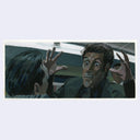 Painting of a film still from Heat of a man frantically explaining something, emoting with his hands and expression a lot.