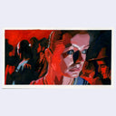 Painting of a film still in heavy red lighting of a woman looking intensely to the side.