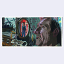Painting of a film still from Pearl of a stressed looking man in a dimly lit room, with a figure standing in the mirror behind him.