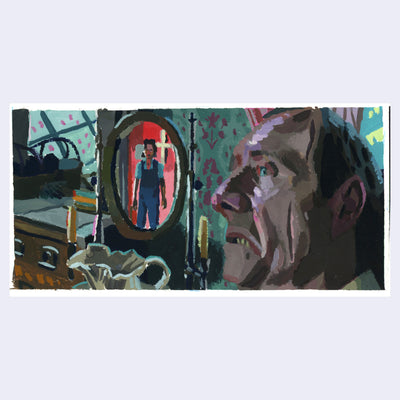 Painting of a film still from Pearl of a stressed looking man in a dimly lit room, with a figure standing in the mirror behind him.
