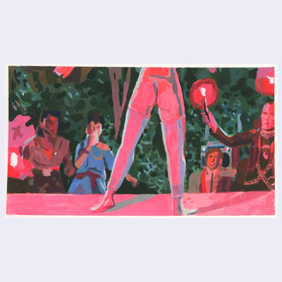 Painting of a film still from Return of the Living Dead of a person without pants standing on a stage lit with pink lighting - we can only see them from the waist down.