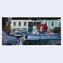 Painting of a film still from Run Lola Run of a woman with red hair positioned atop of the hood of a car.
