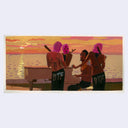 Artistic depiction of 4 figures by a body of water with a sunset sky.