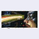 Painting based on a film still from Sunshine of a man looking through a small opening in a door.