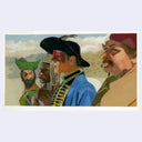 Four figures in colorful costumes against a landscape with clouds.