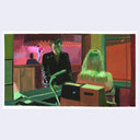 Painting based on a film still from To Live and Die in LA of a man talking to a desk worker at a strip club.