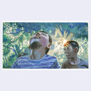 Painting based on a film still from Tree of Life of 2 boys running excitedly through a forest with sun shining through the top of the trees.