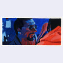 Painting based on a film still from Uncut Gems of Adam Sandler in blue lighting, wearing sunglasses and looking to the side.