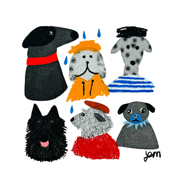 Illustration of 6 dogs of varying breeds, dressed like humans ready for rainy weather.
