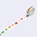 Washi tape roll with design of cartoon smiling sushi pieces.