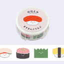 Washi tape roll with design of cartoon smiling sushi pieces.
