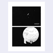 Page excerpt, featuring 2 panel illustrations of a person cleaning a planet out in dark space.