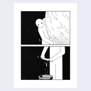 Page excerpt, featuring 2 panel illustrations of a person cleaning an planet and wringing out the towel.