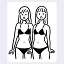 Black and white illustration of two women in bikinis, standing next to one another and looking surprised