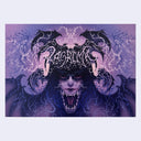 Illustration in mostly purples and pinks of a girl with a large fanged mouth coming out of her chin. Coming out of her head, neck and shoulders are curved bat-like wings. 