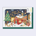 A Christmas greeting card featuring a festive village scene with a decorated tree, snow-covered houses, Santa Claus, and the words “Merry Christmas” on a dark blue background, with a green border and a white Creald brand label on the right side.