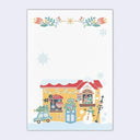 A vertical white stationery card featuring a whimsical winter illustration at the bottom. The design includes a small yellow shop with a red roof, a blue gift box, a snowman, a decorated car, and floral motifs along the top border, with scattered snowflakes on a pale lavender background.