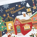 A close-up of a Christmas-themed illustrated card featuring snow-covered houses, stars, snowflakes, a tree, a snowman, and the text 'MERRY Christmas' on a dark navy background.