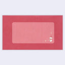 A rectangular red envelope, featuring a lighter pink inner border and a small cute snowman illustration in the bottom right corner, set against a light gray background.