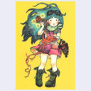Illustration of a girl with dark teal hair and goggles atop her head on a yellow background. She wears combat boots and holds a plate of spagetti.