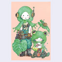 Postcard illustration of 2 children dressed up as frogs, one sits atop a small turtle and the other holds a leaf while wearing somewhat steampunk attire.