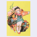 Postcard illustration of a girl standing in front of an orange horse, a small house made of mushrooms and small yellow chicks.