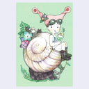 Illustration of a child sitting on the opening of a large snail shell with cloers growing on it. She drinks a melon soda, has snail-like eyes on top of her head and goggles strapped to her forehead.