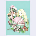 Illustration of a girl hugging a flamingo with Alice in Wonderland theme on a light blue background