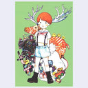 Illustration of a child with deer antlers surrounded by colorful objects on a green background