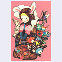 Illustration of a girl with bunny ears holding a leather luggage bag overflowing with stuffed animals.