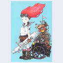 Illustration of a character with red hair and steampunk elements on a blue background