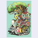 Illustration of two children with a whimsical treehouse and wood cart with very large wheels on a light green background