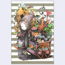 Illustration of a child in a hooded cloak with a cart full of whimsical objects on a striped background