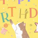 Happy Birthday card with cats and colorful letters on a yellow background